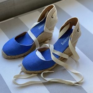 Soludos Blue Canvas Tie Up Wedge Espadrilles